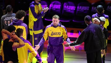 Los Angeles Lakers' Luka Doncic (C) takes to the court during the first half of the NBA playoffs round one game five between the Minnesota Timberwolves and the Los Angeles Lakers in Los Angeles, California, USA, 30 April 2025.