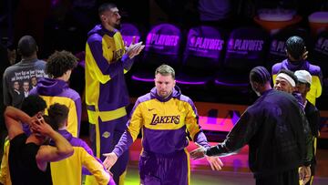Los Angeles Lakers' Luka Doncic (C) takes to the court during the first half of the NBA playoffs round one game five between the Minnesota Timberwolves and the Los Angeles Lakers in Los Angeles, California, USA, 30 April 2025.