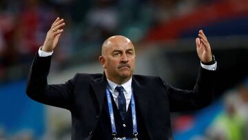 FILE PHOTO: Soccer Football - World Cup - Quarter Final - Russia vs Croatia - Fisht Stadium, Sochi, Russia - July 7, 2018  Russia coach Stanislav Cherchesov gestures before extra time  REUTERS/Carl Recine/File Photo