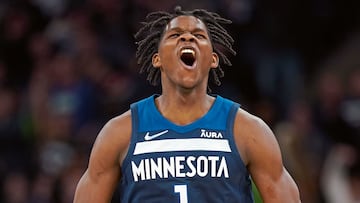 MINNEAPOLIS, MN - NOVEMBER 24: Anthony Edwards #1 of the Minnesota Timberwolves yells and celebrates against the Miami Heaton November 24, 2021 at Target Center in Minneapolis, Minnesota. NOTE TO USER: User expressly acknowledges and agrees that, by downloading and or using this Photograph, user is consenting to the terms and conditions of the Getty Images License Agreement. Mandatory Copyright Notice: Copyright 2021 NBAE (Photo by Jordan Johnson/NBAE via Getty Images)