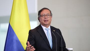 Colombian President Gustavo Petro speaks during a press conference with German Chancellor Olaf Scholz (not pictured), in Berlin, Germany, June 16, 2023. REUTERS/Nadja Wohlleben