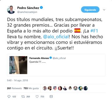 El Presidente del Gobierno tambi¨¦n felicita al piloto en su cuenta privada.