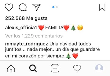 El comentario de Mayte Rodríguez a la publicación navideña de Alexis Sánchez en Instagram