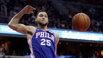 WASHINGTON, DC - OCTOBER 18: Ben Simmons #25 of the Philadelphia 76ers dunks the ball against the Washington Wizards at Capital One Arena on October 18, 2017 in Washington, DC. NOTE TO USER: User expressly acknowledges and agrees that, by downloading and or using this photograph, User is consenting to the terms and conditions of the Getty Images License Agreement. Rob Carr/Getty Images/AFP
== FOR NEWSPAPERS, INTERNET, TELCOS & TELEVISION USE ONLY ==