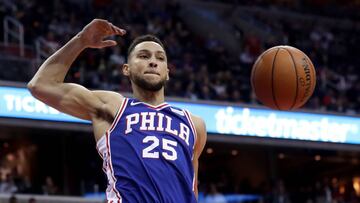 WASHINGTON, DC - OCTOBER 18: Ben Simmons #25 of the Philadelphia 76ers dunks the ball against the Washington Wizards at Capital One Arena on October 18, 2017 in Washington, DC. NOTE TO USER: User expressly acknowledges and agrees that, by downloading and or using this photograph, User is consenting to the terms and conditions of the Getty Images License Agreement.   Rob Carr/Getty Images/AFP
 == FOR NEWSPAPERS, INTERNET, TELCOS &amp; TELEVISION USE ONLY ==