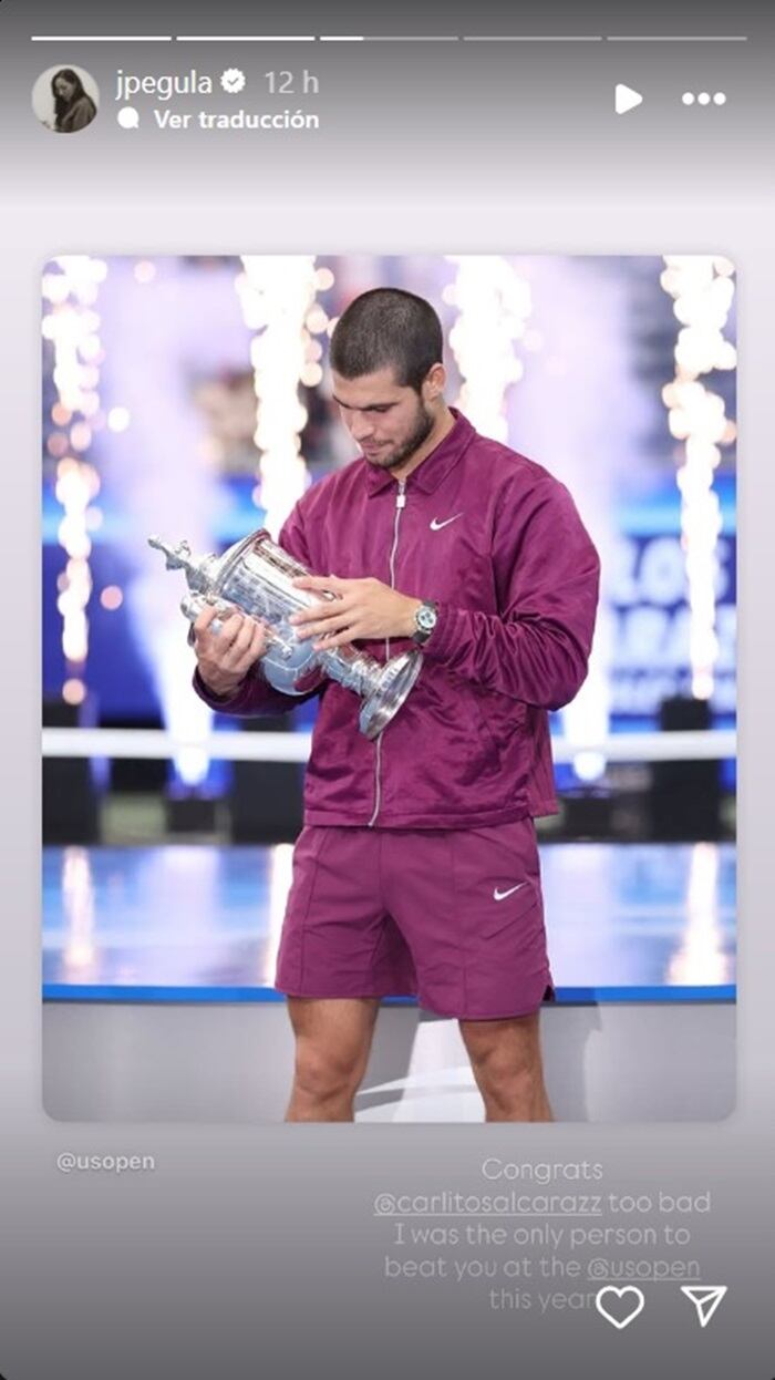 Felicitación de Jessica Pegula a Carlos Alcaraz recordándole que ella logró ganarle en el torneo de dobles del US Open