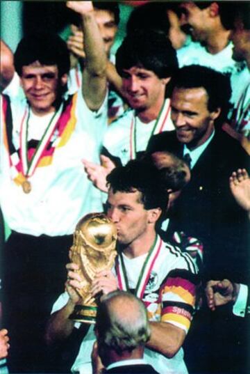 West Germany had their revenge four years later in Rome's Stadio Olimpico, beating the holders 1-0 to lift the World Cup for the third time. Lothar Matthäus is pictured with the trophy.