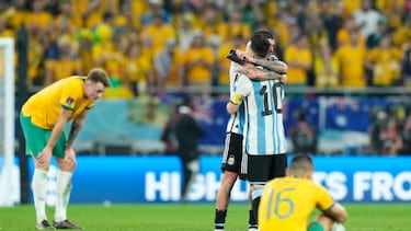 Lionel Messi right winger of Argentina and Paris Saint-Germain and Rodrigo de Paul central midfield of Argentina and Atletico de Madrid celebrate victory after the FIFA World Cup Qatar 2022 Round of 16 match between Argentina and Australia at Ahmad Bin Ali Stadium on December 3, 2022 in Doha, Qatar. (Photo by Jose Breton/Pics Action/NurPhoto via Getty Images)