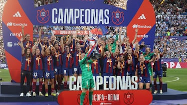 Jugadoras del Fc Barcelona celebrando tras ganar la final del Campeonato de España-Copa de SM la Reina Iberdrola, en el campo de La Romareda a 18 de Mayo de 2024 en Zaragoza (España).
COPA DE LA REINA;FÚTBOL;REINA LETIZIA;FAMOSOS;DEPORTE
Raúl Terrel / Europa Press
18/05/2024