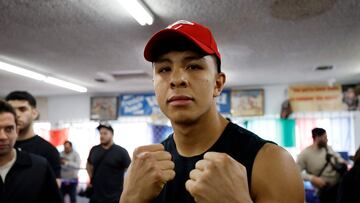 LOS ANGELES, CALIFORNIA - APRIL 23: Boxer Jaime Munguia poses for a photo during a media workout at Wild Card Boxing Club for his upcoming bout with Canelo �lvarez on April 23, 2024 in Los Angeles, California.   Kevork Djansezian/Getty Images/AFP (Photo by KEVORK DJANSEZIAN / GETTY IMAGES NORTH AMERICA / Getty Images via AFP)