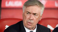 Real Madrid's Italian coach Carlo Ancelotti looks on during the Spanish Liga football match between Girona FC and Real Madrid CF at the Montilivi stadium in Girona on September 30, 2023. (Photo by Josep LAGO / AFP)