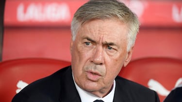 Real Madrid's Italian coach Carlo Ancelotti looks on during the Spanish Liga football match between Girona FC and Real Madrid CF at the Montilivi stadium in Girona on September 30, 2023. (Photo by Josep LAGO / AFP)