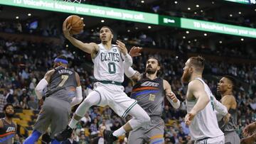 Mar 20, 2018; Boston, MA, USA; Boston Celtics forward Jayson Tatum (0) drives to the basket against the Oklahoma City Thunder in the second half at TD Garden. The Celtics defeated Oklahoma 100-99. Mandatory Credit: David Butler II-USA TODAY Sports