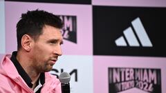 Inter Miami's Argentine forward Lionel Messi speaks during a press conference at a hotel in Tokyo on February 6, 2024, a day before their friendly football match against J-League side Vissel Kobe. (Photo by Philip FONG / AFP)