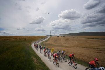 El pelotón de ciclistas recorre en bicicleta el sector de grava "Chemin Blanc" de Bligny au Bergères durante la novena etapa de la 111ª edición de la carrera ciclista del Tour de Francia.