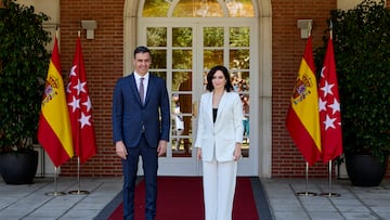 MADRID, SPAIN - JULY 09: The President of the Government, Pedro Sanchez, receives the President of the Community of Madrid, Isabel Diaz Ayuso, on 9 July, 2021 at the Moncloa Palace, Madrid, Spain. The meeting takes place after Ayuso was invested for the second time as maximum regional leader, following the elections of May 4, and is part of the usual round of meeting that the president carries out with all regional leaders when they are appointed. (Photo By EUROPA PRESS/J. Hellin. POOL via Getty Images)