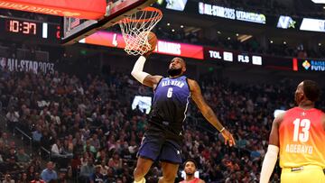 SALT LAKE CITY, UTAH - FEBRUARY 19: LeBron James #6 of the Los Angeles Lakers dunks in the 2023 NBA All Star Game between Team Giannis and Team LeBron at Vivint Arena on February 19, 2023 in Salt Lake City, Utah. NOTE TO USER: User expressly acknowledges and agrees that, by downloading and or using this photograph, User is consenting to the terms and conditions of the Getty Images License Agreement. Tim Nwachukwu/Getty Images/AFP (Photo by Tim Nwachukwu / GETTY IMAGES NORTH AMERICA / Getty Images via AFP)