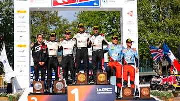Sebastien Ogier (FRA) Vincent Landais (FRA) of team TOYOTA GAZOO RACING WRT celebrate on the podium in first place after winning the World Rally Championship in Zagreb, Croatia on April 21, 2024 with Elfyn Evans (GB) Scott Martin (GB) of team TOYOTA GAZOO RACING WRT second place and Thierry Neuville (BEL) Martijn Wydaeghe (BEL) of team HYUNDAI SHELL MOBIS WORLD RALLY TEAM third place // Jaanus Ree / Red Bull Content Pool // SI202404210510 // Usage for editorial use only //