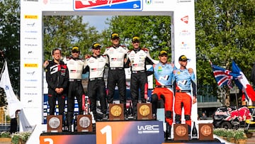 Sebastien Ogier (FRA) Vincent Landais (FRA) of team TOYOTA GAZOO RACING WRT celebrate on the podium in first place after winning the World Rally Championship in Zagreb, Croatia on April 21, 2024 with  Elfyn Evans (GB) Scott Martin (GB) of team TOYOTA GAZOO RACING WRT second place and Thierry Neuville (BEL) Martijn Wydaeghe (BEL) of team HYUNDAI SHELL MOBIS WORLD RALLY TEAM third place // Jaanus Ree / Red Bull Content Pool // SI202404210510 // Usage for editorial use only // 