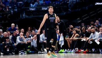 Dec 6, 2023; Dallas, Texas, USA; Dallas Mavericks guard Luka Doncic (77) laughs during the second quarter against the Utah Jazz at American Airlines Center. Mandatory Credit: Kevin Jairaj-USA TODAY Sports