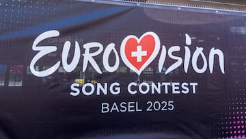 A logo of the Eurovision Song Contest is seen in front of the St Jakobhalle in Basel, Switzerland, April 30, 2025. REUTERS/Denis Balibouse