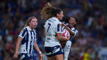 Christina Burkenroad celebrates her goal 2-0 with Jermaine Seoposenwe of Monterrey during the 17h round match between Monterrey and Leon as part of the Torneo Clausura 2025, Liga MX Femenil at BBVA Bancomer Stadium on April 18, 2025 in Monterrey, Nuevo Leon Mexico.