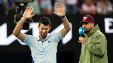 Tennis - Australian Open - Melbourne Park, Melbourne, Australia - January 23, 2024 Serbia's Novak Djokovic reacts after winning his quarter final match against Taylor Fritz of the U.S. REUTERS/Eloisa Lopez