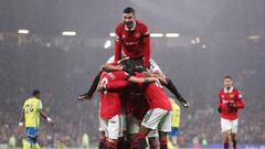 MANCHESTER, ENGLAND - DECEMBER 27: Anthony Martial of Manchester United (obscured) celebrates with Casemiro and team mates after scoring their side's second goal during the Premier League match between Manchester United and Nottingham Forest at Old Trafford on December 27, 2022 in Manchester, England. (Photo by Naomi Baker/Getty Images)