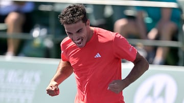Mar 9, 2025; Indian Wells, CA, USA; Francisco Cerundolo (ARG) celebrates after defeating Botic Van De Zandschulp (not pictured) in the third round of the BNP Paribas Open at the Indian Well Tennis Garden. Mandatory Credit: Jayne Kamin-Oncea-Imagn Images