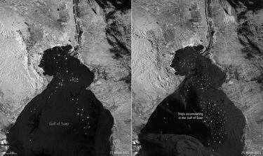 Impresionantes im¨¢genes desde el espacio del atascazo de barcos en el Canal de Suez
