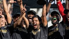 Carlos Vela #10 of Los Angeles FC and Los Angeles FC celebrates winning the Western Conference Final following the MLS Cup Western Conference Final match against Austin FC at Banc of California Stadium in Los Angeles, California on October 30, 2022.