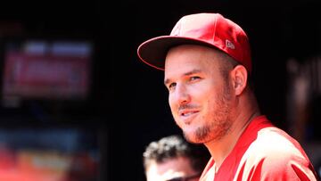 ATLANTA, GA - JULY 24: Los Angeles Angels outfielder Mike Trout (27)  looks at the on field action during the MLB game between the Los Angeles Angels and the Atlanta Braves on July 24, 2022 at Truist Park in Atlanta, GA. (Photo by Jeff Robinson/Icon Sportswire via Getty Images)