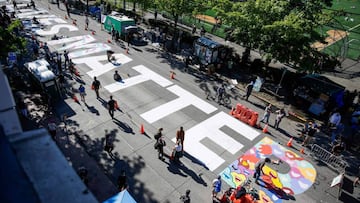 The words "Black Lives Matter" are painted in the middle of East Pine Street in the newly created Capitol Hill Autonomous Zone (CHAZ), in Seattle, Washington on June 11, 2020. - The area surrounding the East Precinct building has come to be know