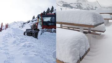 Im&aacute;genes de las nevadas de las borrascas Dora y Ernest en las estaciones de esqu&iacute; de Aramon Cerler (Huesca, Espa&ntilde;a) y Grandvalira (Andorra). En la primera, una m&aacute;quina pisa nieve. En la segunda, unos bancos con un importante gr