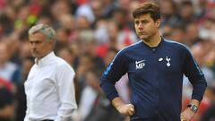 (FILES) In this file photo taken on April 21, 2018 Manchester United&#039;s Portuguese manager Jose Mourinho (L) and Tottenham Hotspur&#039;s Argentinian head coach Mauricio Pochettino look on during the English FA Cup semi-final football match between To