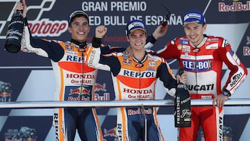 Marc Márquez, Dani Pedrosa y Jorge Lorenzo en el podio de Jerez.