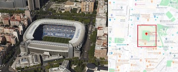 Conocido hasta 1955 como Nuevo Estadio de Chamartín. El equipo estaba creciendo y su afición también, por eso necesitaban un complejo mucho mayor. Es el actual estadio del Real Madrid y ha sufrido varias remodelaciones a lo largo del tiempo (la última se está realizando en la actualidad). En la imagen, una vista aérea del estadio y su ubicación en el mapa.