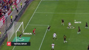 Ejemplo de la eficacia defensiva del Real Madrid en su área. Carvajal, con una defensa en zona, evita un gol de Rakitic.
