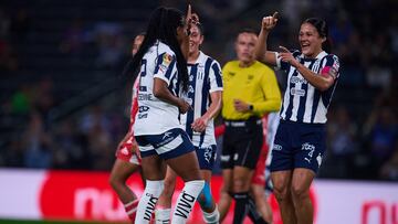 Jermaine Seoposenwe celebrates her goal 4-0 with Rebeca Bernal of Monterrey during the 7th round match between Monterrey and Necaxa as part of the Torneo Clausura 2025 Liga MX Femenil at BBVA Bancomer Stadium on February 05, 2025 in Monterrey, Nuevo Leon, Mexico.