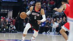 Dec 23, 2019; Sacramento, California, USA; Houston Rockets guard Russell Westbrook (0) dribbles the ball against a9 during the first quarter at Golden 1 Center. Mandatory Credit: Sergio Estrada-USA TODAY Sports