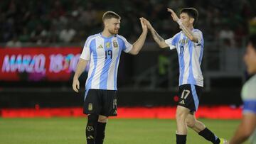      Lucas Beltran celebrates his goal 0-4 with Matias Soule of Argentina during the friendly match between Mexico U-23 (Mexican National Team) and Argentina U-23, at El Encanto Stadium, Mazatlan, Sinaloa, on March 22, 2024.