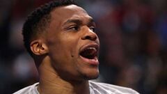 CHICAGO, IL - JANUARY 09: Russell Westbrook #0 of the Oklahoma City Thunder yells encouragement to teammate from the bench against the Chicago Bulls at the United Center on January 9, 2017 in Chicago, Illinois. NOTE TO USER: User expressly acknowledges and agrees that, by downloading and/or using this photograph, user is consenting to the terms and conditions of the Getty Images License Agreement.   Jonathan Daniel/Getty Images/AFP
 == FOR NEWSPAPERS, INTERNET, TELCOS &amp; TELEVISION USE ONLY ==