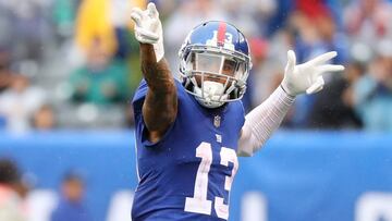 EAST RUTHERFORD, NJ - SEPTEMBER 09: Odell Beckham Jr.#13 of the New York Giants reacts after a first down in the second half against the Jacksonville Jaguars at MetLife Stadium on September 9, 2018 in East Rutherford, New Jersey.   Mike Lawrie/Getty Images/AFP
 == FOR NEWSPAPERS, INTERNET, TELCOS &amp; TELEVISION USE ONLY ==