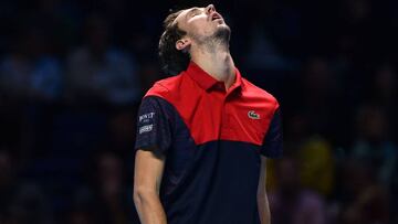 Russia&#039;s Danil Medvedev reacts against Germany&#039;s Alexander Zverev during their men&#039;s singles round-robin match on day six of the ATP World Tour Finals tennis tournament at the O2 Arena in London on November 15, 2019. (Photo by Glyn KIRK / A