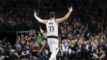 Jan 2, 2020; Dallas, Texas, USA; Dallas Mavericks forward Luka Doncic (77) reacts during the fourth quarter against the Brooklyn Nets at American Airlines Center. Mandatory Credit: Kevin Jairaj-USA TODAY Sports