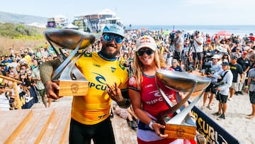 LOWER TRESTLES, CALIFORNIA, UNITED STATES - SEPTEMBER 9: WSL Champion Filipe Toledo of Brazil and Caroline Marks of the United States after winning the 2023 World Title after Title Match 2 of the Finals at the Rip Curl WSL Finals on September 9, 2023 at Lower Trestles, California, United States. (Photo by Thiago Diz/World Surf League)