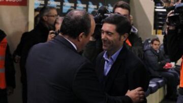 Saludo entre Rafa Ben¨ªtez y Marcelino en el Villarreal-Real Madrid de 2015.