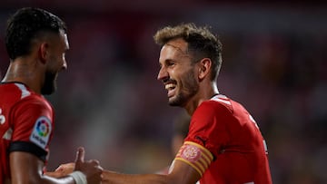 Cristhian Stuani Centre-Forward of Girona and Uruguay celebrates after scoring his sides first goal during the La Liga Santander match between Girona FC and Getafe CF at Montilivi Stadium on August 22, 2022 in Girona, Spain. (Photo by Jose Breton/Pics Action/NurPhoto via Getty Images)