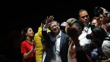 BOGOTA, COLOMBIA - JUNE 19: Gustavo Petro, the leftist former mayor of Bogota, has been declared the winner of Colombia's presidential election in Bogota, Colombia, on June 19, 2022. Gustavo Petro, a current senator, defeated right-wing construction magnate Rodolfo Hernandez in Sunday's run-off election. Figures showed he took 50.5% of the votes, defeating his rival by more than 700,000 ballots to become Colombia's first left-wing leader. His running mate Francia Marquez, a single mother, and former housekeeper, will become the country's first black woman vice-president. (Photo by Juancho Torres/Anadolu Agency via Getty Images)