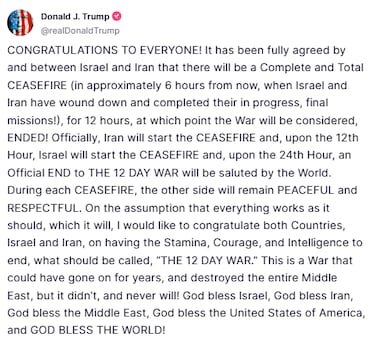 Trump anuncia un “alto el fuego total” entre Israel e Irán; Netanyahu lo acepta con una seria advertencia